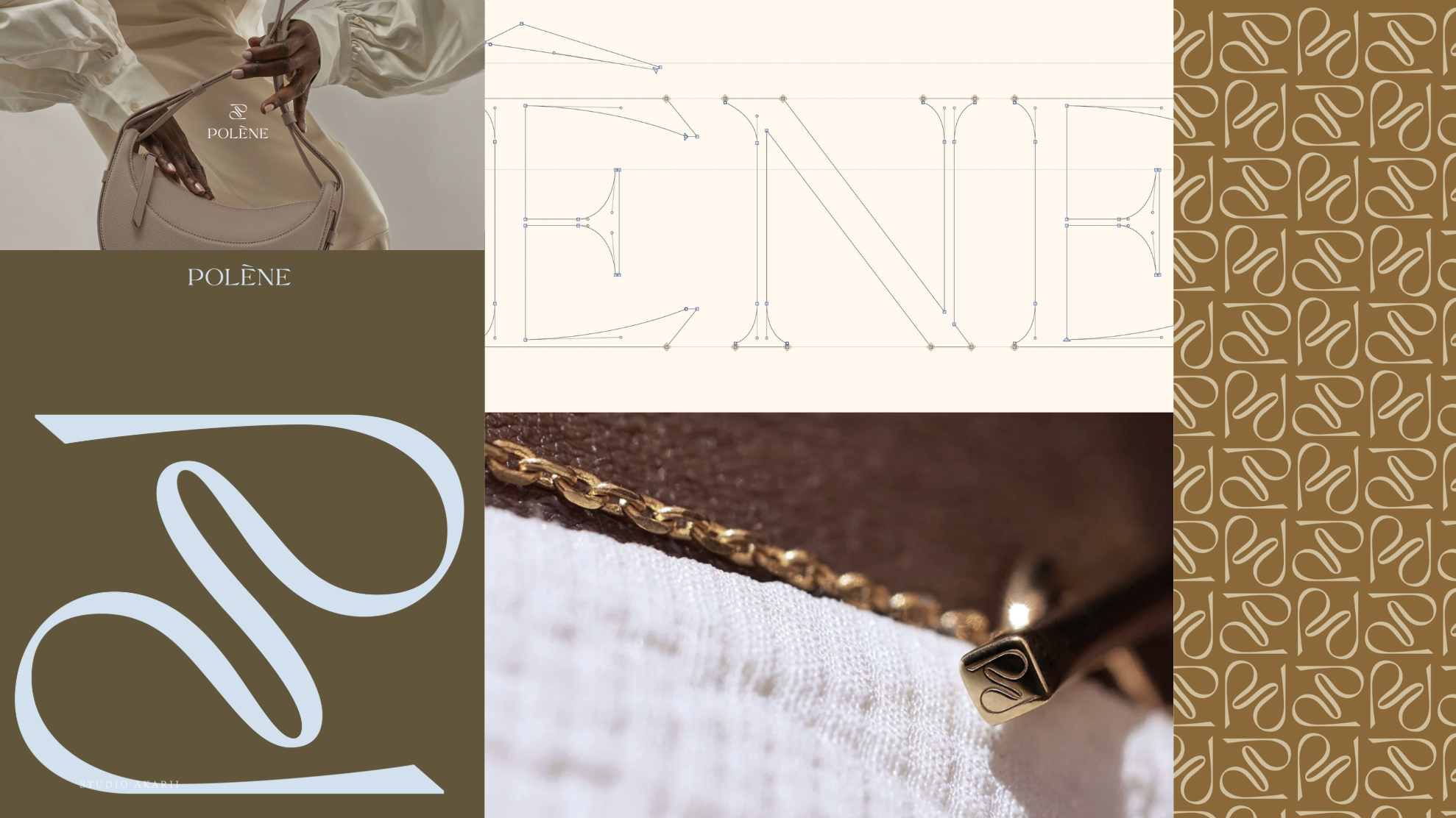 Polène identity system — logotype drawing, monogram, pattern and hardware